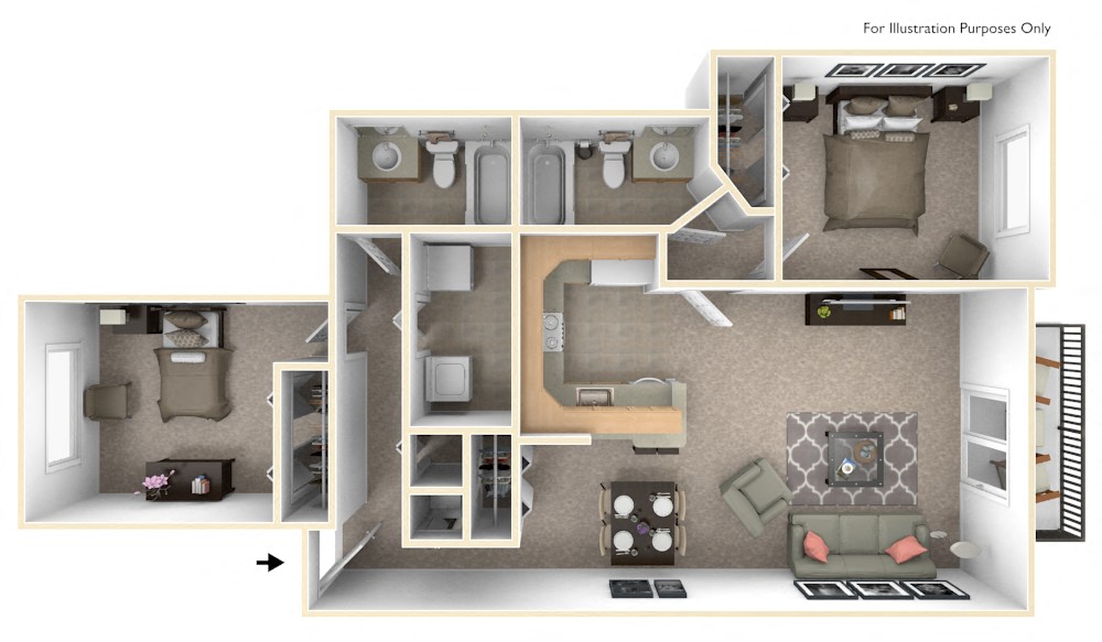 Floor plan for 2 beds, 2 baths, 1100 sqft
